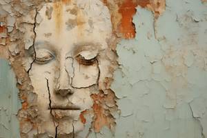 Fresko eines Gesichts mit niedergeschlagenen Augen, auf einer Wand mit abblätterndem Putz