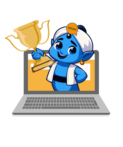 Lumino hält einen Pokal in der Hand und kommt aus einem Laptop heraus