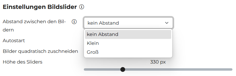 Ausschnitt der Pflegemaske eines Medienbausteins mit Einstellungen zum Bildslider