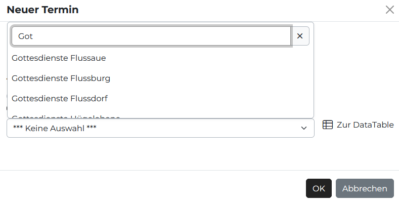 Quelle: Web Commerce GmbH - SESAM Screenshot aus SESAM, der die Auswahlbox mit Suchfunktion zur Selektion eines vorhandenen Termincontainers zeigt