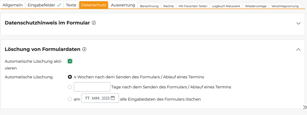 Quelle: Web Commerce GmbH - SESAM Aktivierung der automatischen Löschfunktion im neuen Registerreiter "Datenschutz"