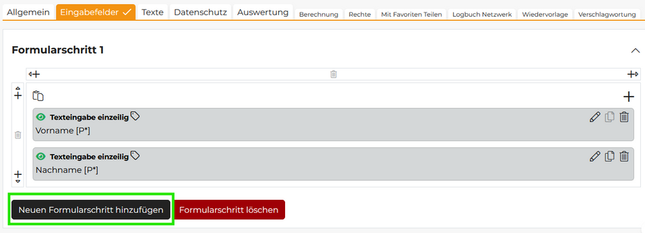 Quelle: Web Commerce GmbH - SESAM Über den Button "Neuen Formularschritt hinzufügen" lässt sich das Formular unterteilen