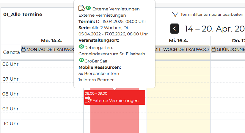 Quelle: Web Commerce GmbH - SESAM Der Screenshot zeigt eine Termindarstellung in der Farbe der ersten zugeteilten mobilen Ressource (Bierbänke = rot).
