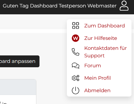Zugang zum SESAM-Dashboard über das Benutzer-Menü